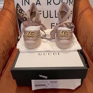 Gucci Leather Platform Espadrille Wedges in Porcelain Rose 35.5